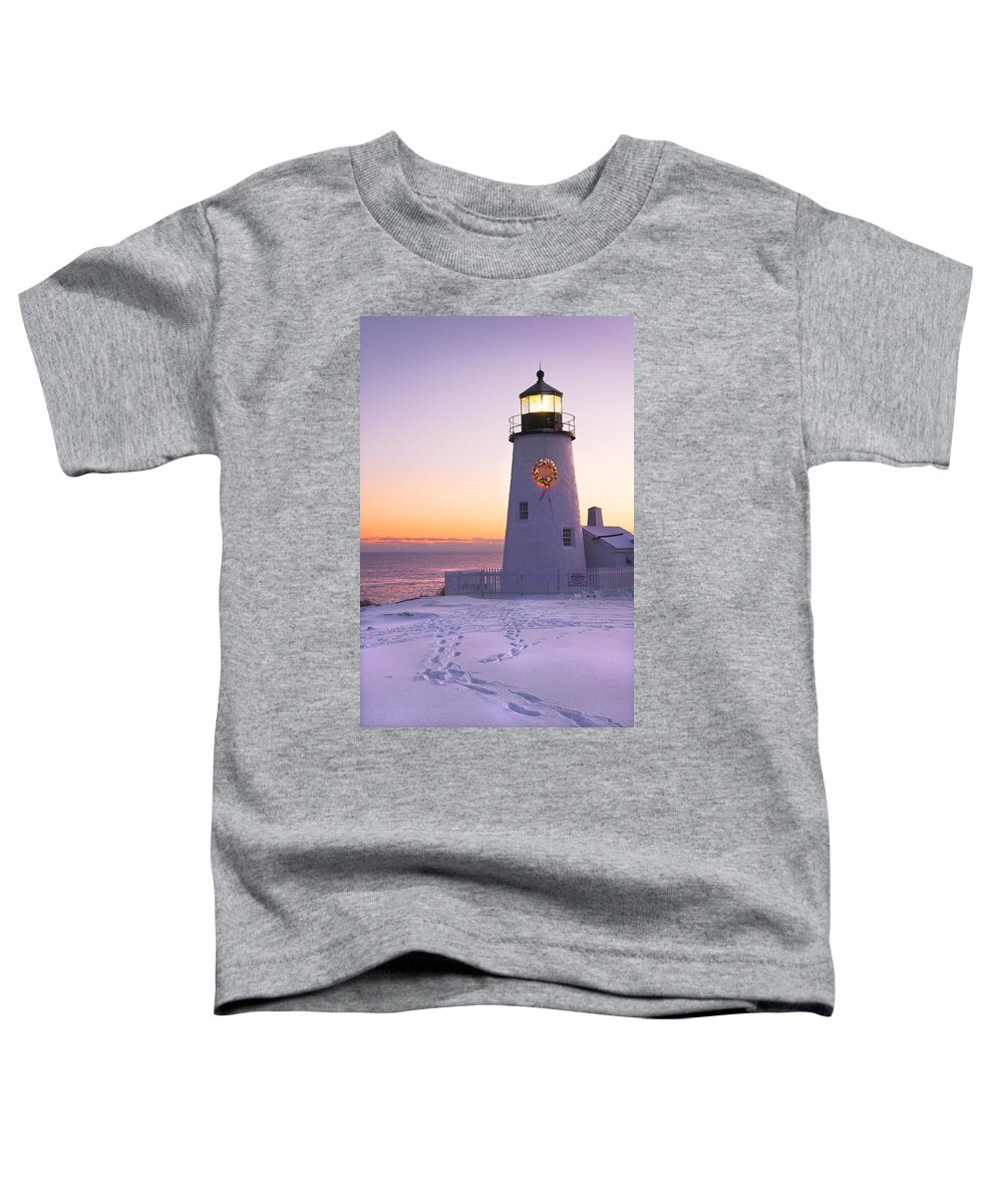 Lighthouse Toddler T-Shirt featuring the photograph Pemaquid Point lighthouse Christmas Snow Wreath Maine by Keith Webber Jr