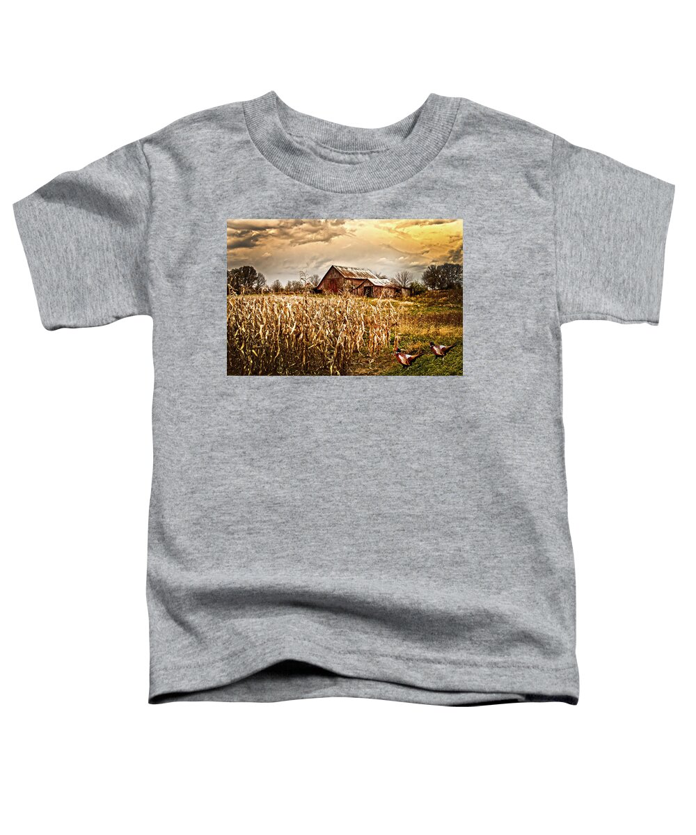 Pheasants Toddler T-Shirt featuring the photograph Pheasants Heading For Corn Patch by Randall Branham
