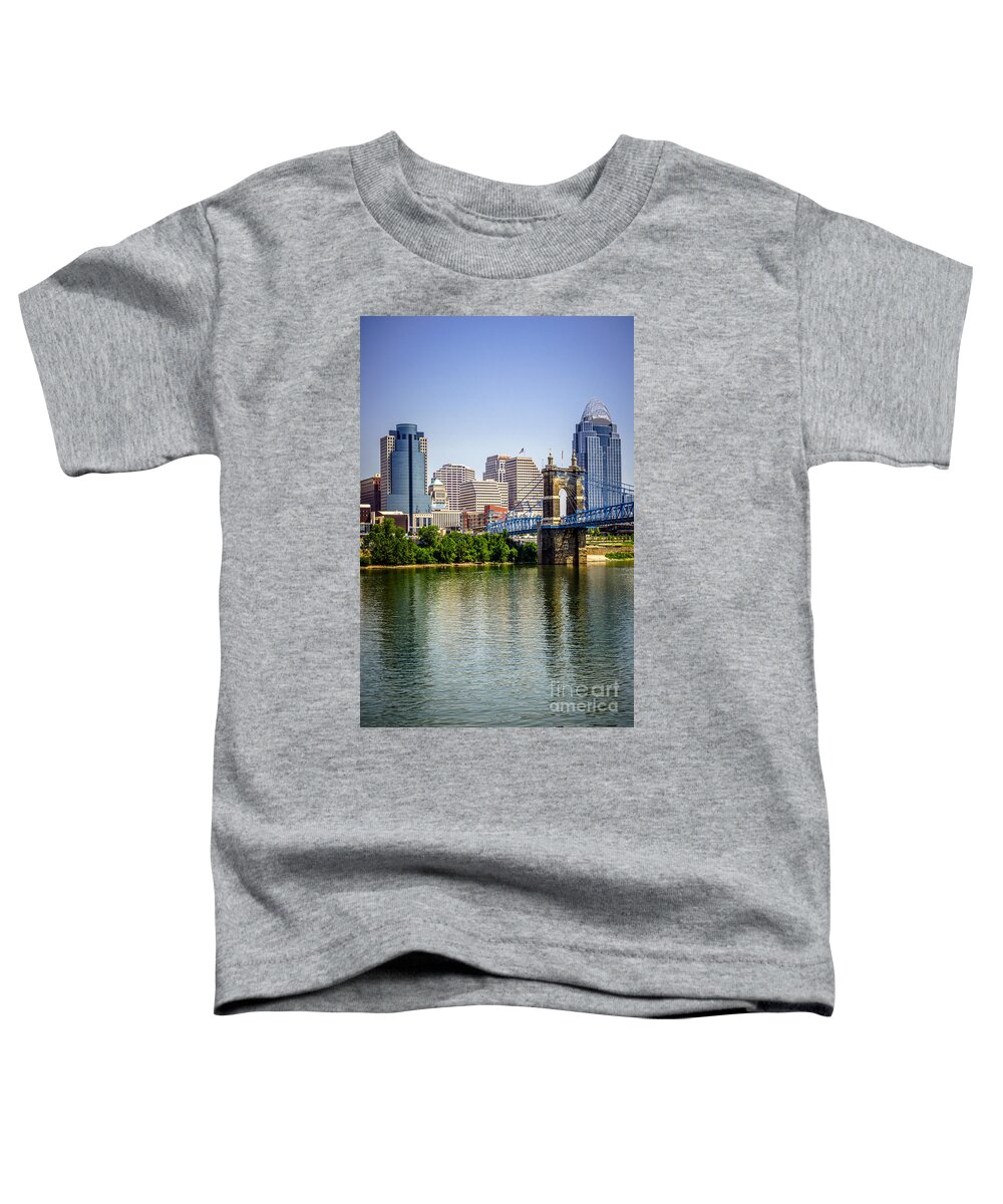 2012 Toddler T-Shirt featuring the photograph Photo of Cincinnati Skyline and Roebling Bridge by Paul Velgos