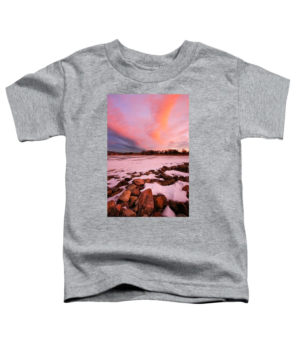 Prospect Lake Toddler T-Shirt featuring the photograph Pink Clouds over Memorial Park by Ronda Kimbrow