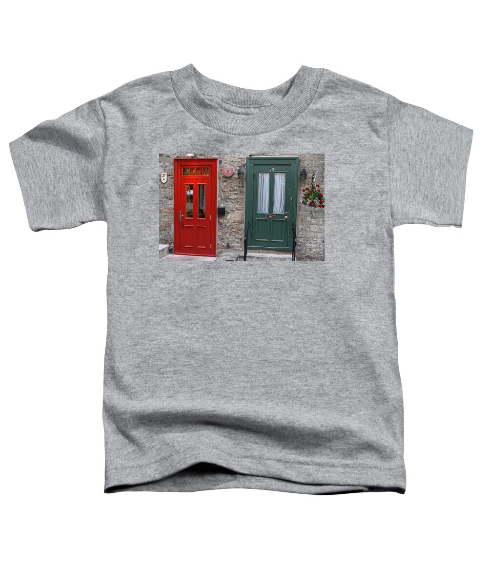 Red Toddler T-Shirt featuring the photograph Red and Green Doors of Quebec by Juergen Roth