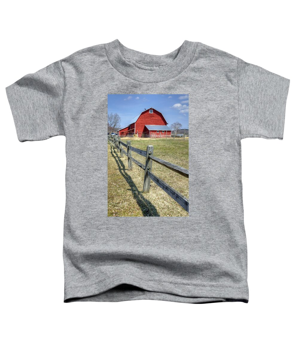 Barn Toddler T-Shirt featuring the photograph Red Barn with Fence by Donna Doherty