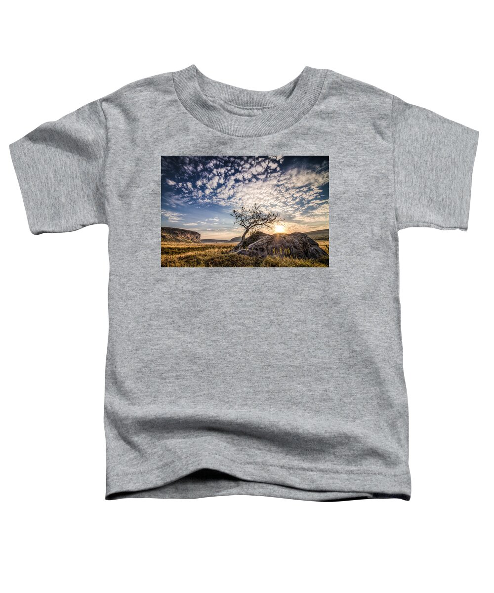 Africa Toddler T-Shirt featuring the photograph Rock Tree and Rising Sun by Mike Gaudaur
