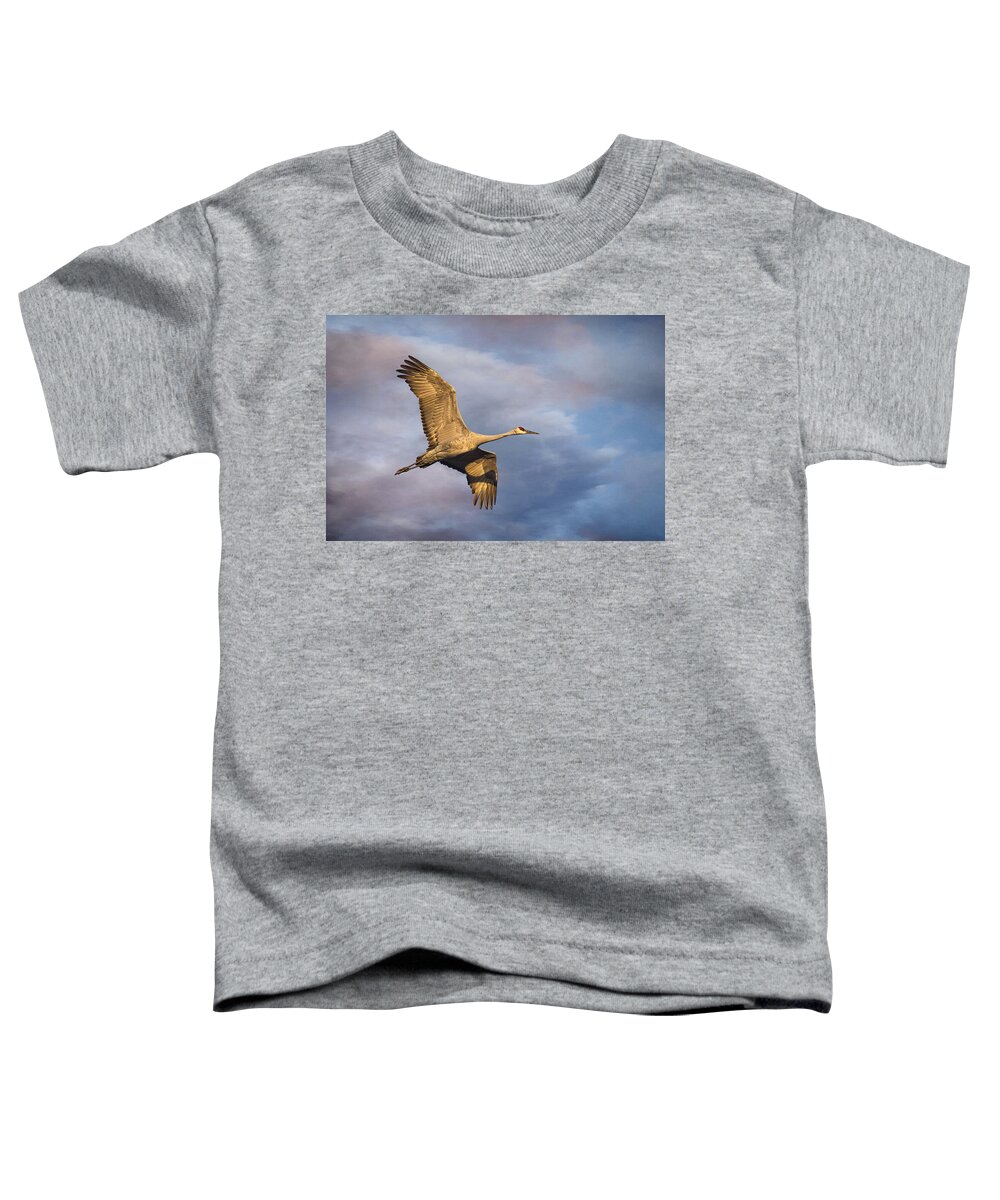 Sandhill Crane Toddler T-Shirt featuring the photograph Sandhill Crane in Flight by Priscilla Burgers