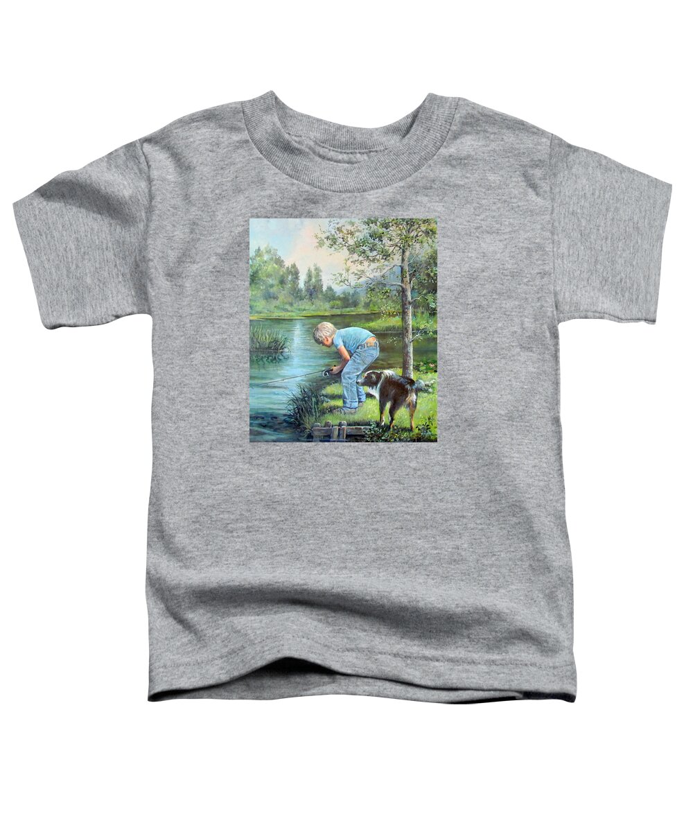 Nature Toddler T-Shirt featuring the painting Seth and Spiky Fishing by Donna Tucker