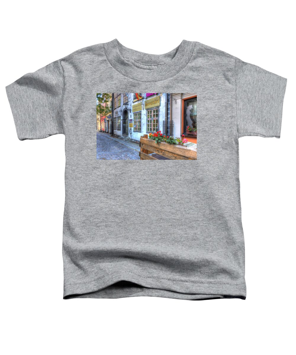 Riga Toddler T-Shirt featuring the photograph Shops and Flower Boxes by Claudio Bacinello