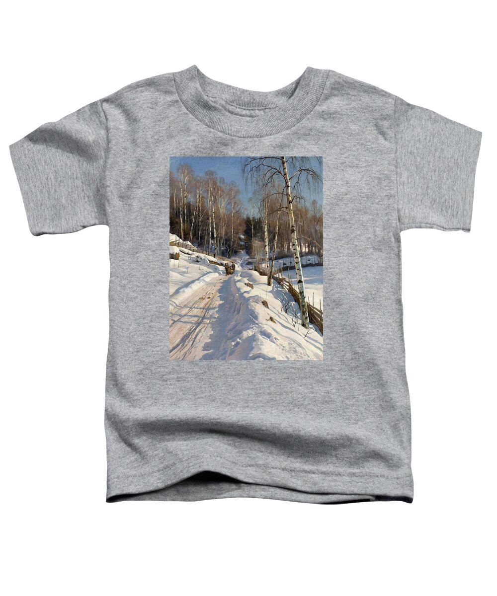 Peder Mork Monsted Toddler T-Shirt featuring the painting Sleigh ride on a sunny winter day by Peder Mork Monsted