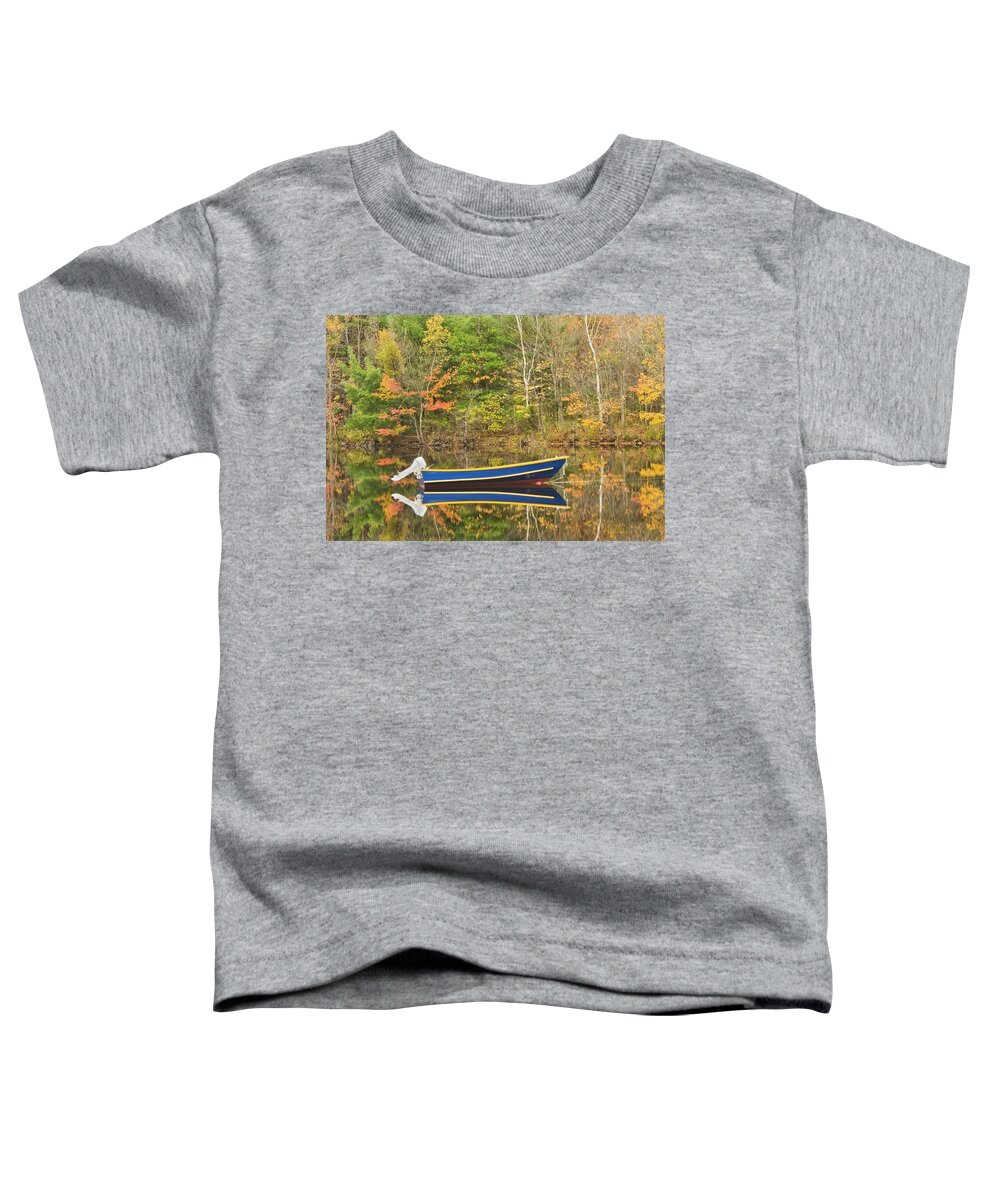 Readfeild Toddler T-Shirt featuring the photograph Small Motor Boat in Fall Torsey Pond Readfield Maine by Keith Webber Jr