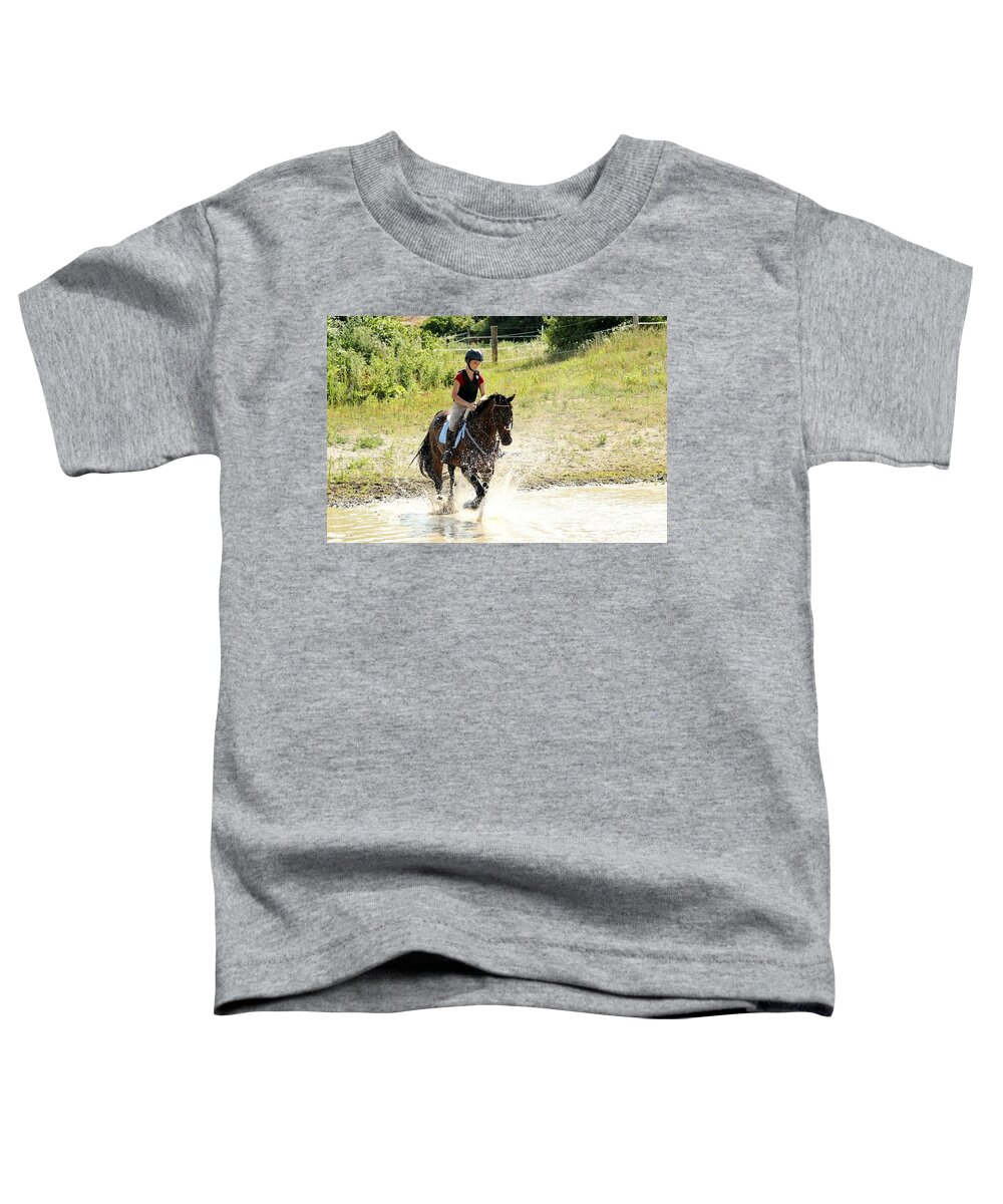 Horse Toddler T-Shirt featuring the photograph Splashing Thru Water Jump by Janice Byer