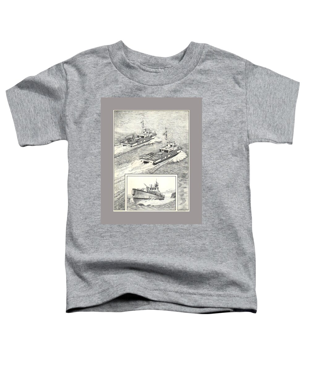 Pen & Ink Drawings By Jack Pumphrey Of Fireboat # 1 Was Built In 1929 For The Port Of Tacoma By The Coastline Shipbuilding Company Of Tacoma Toddler T-Shirt featuring the drawing Tacoma Fireboats New and Old Number 1 by Jack Pumphrey