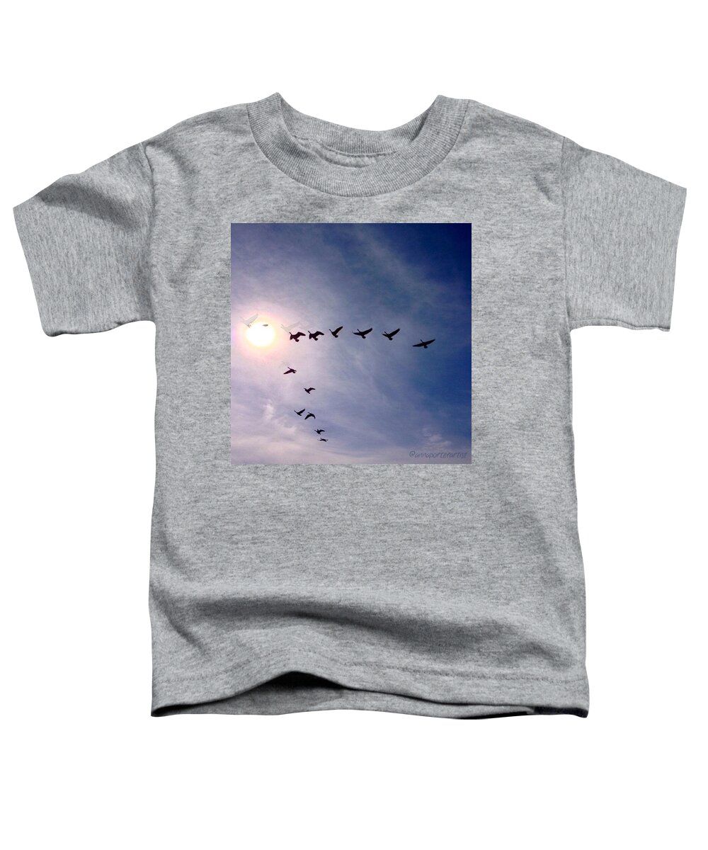 Top_masters Toddler T-Shirt featuring the photograph Transformation. Canadian Geese Flying by Anna Porter
