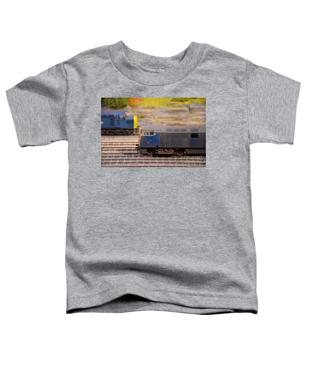 British Toddler T-Shirt featuring the photograph Two yellow blue British Rail model railway train engines by Imran Ahmed