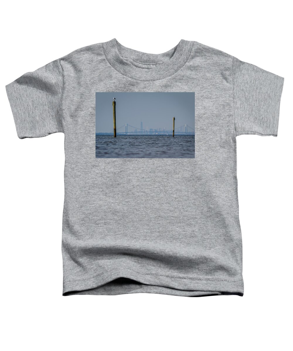 Bayshore Waterfront Toddler T-Shirt featuring the photograph Verrazano-Narrows bridge and NYC skyline from Port Monmouth by SAURAVphoto Online Store