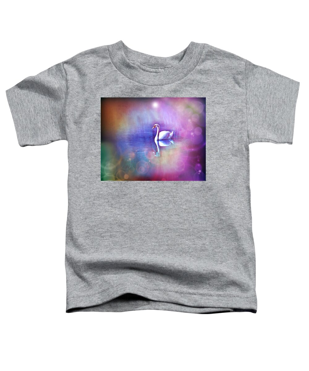 White Swan Toddler T-Shirt featuring the digital art White Swan in colorful fog by Lilia S