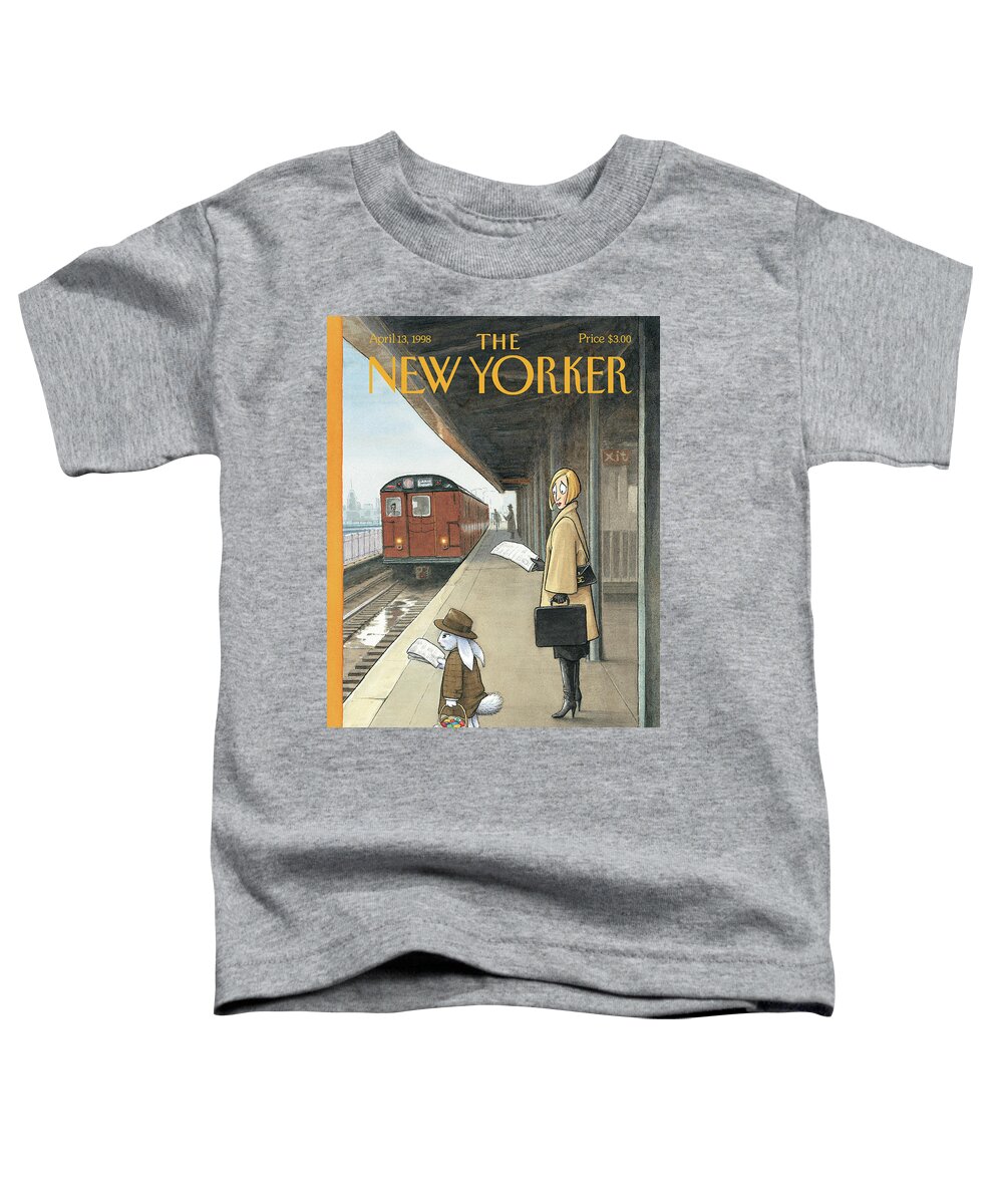 Hbl Harry Bliss Toddler T-Shirt featuring the painting Woman On Train Platform Looking At Easter Bunny by Harry Bliss