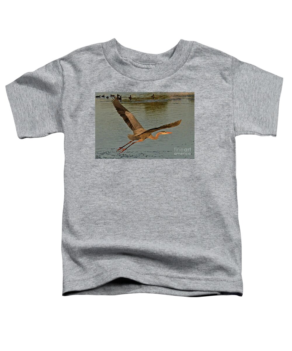 Heron Toddler T-Shirt featuring the photograph Sunset Flight #1 by Carol Bradley