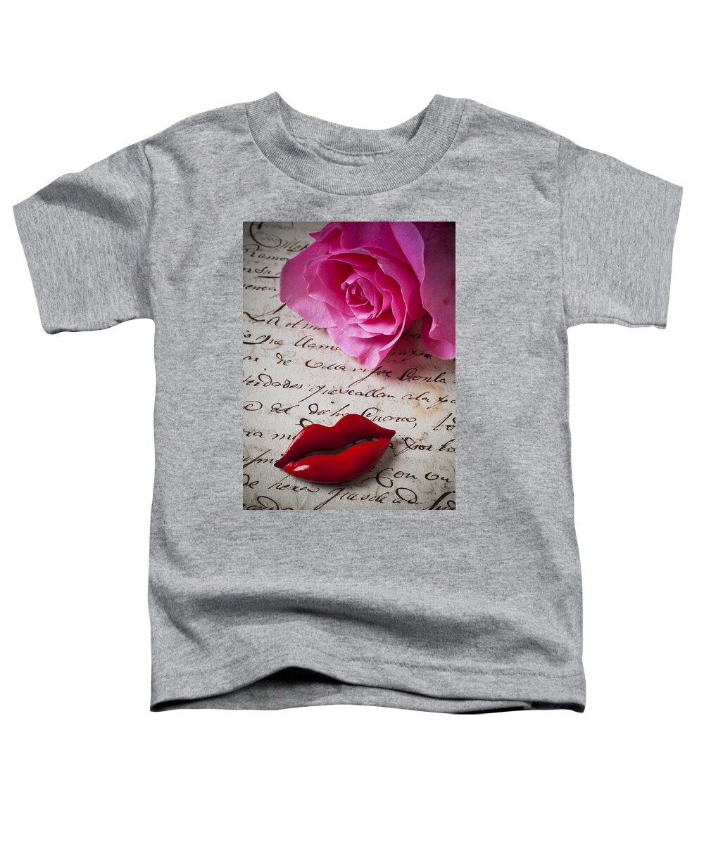 Red Toddler T-Shirt featuring the photograph Red lips On Letter by Garry Gay