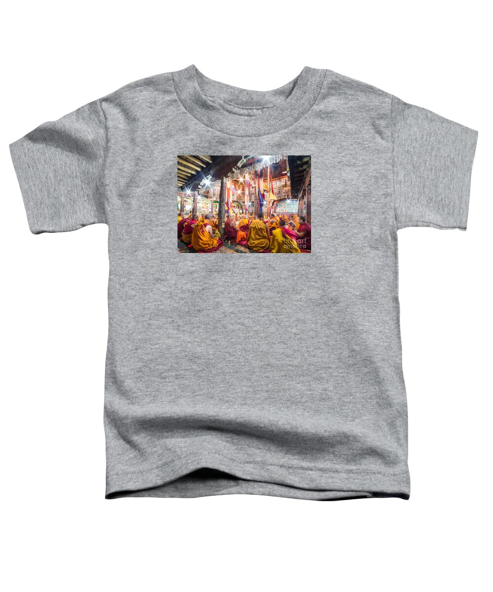 Buddhism Toddler T-Shirt featuring the photograph Buddhist monks praying in Thiksay monastery #1 by Didier Marti