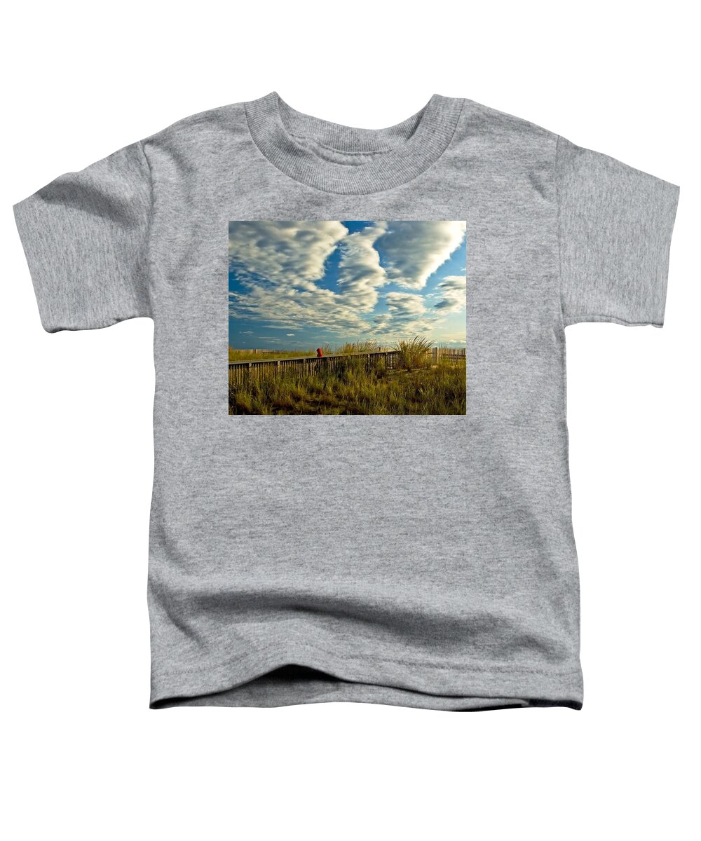 Seascape Toddler T-Shirt featuring the photograph Dunes with boy in red by Bill Jonscher