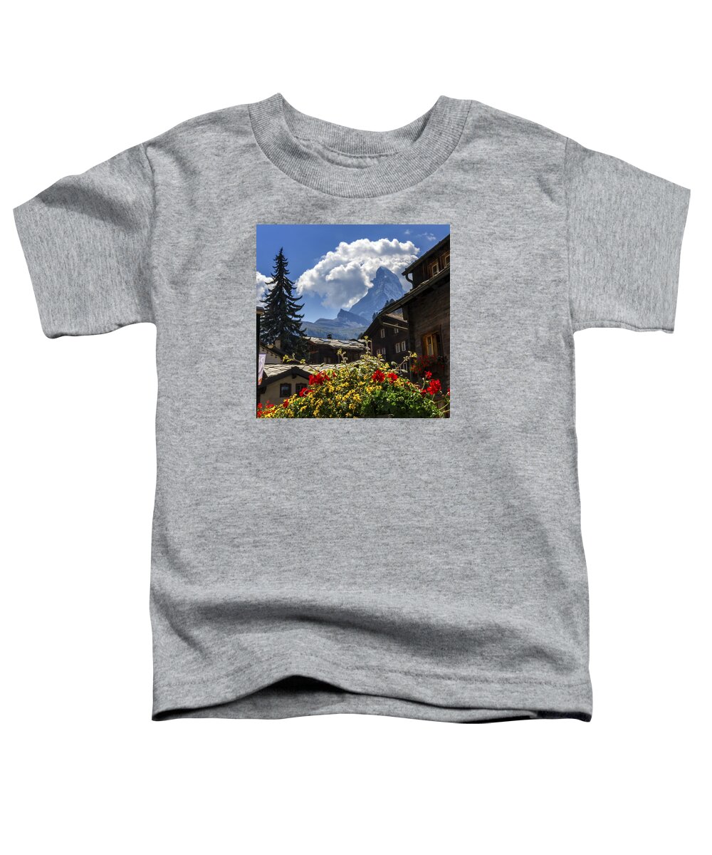 Matterhorn Toddler T-Shirt featuring the photograph Matterhorn and Zermatt village houses, Switzerland by Elenarts - Elena Duvernay photo