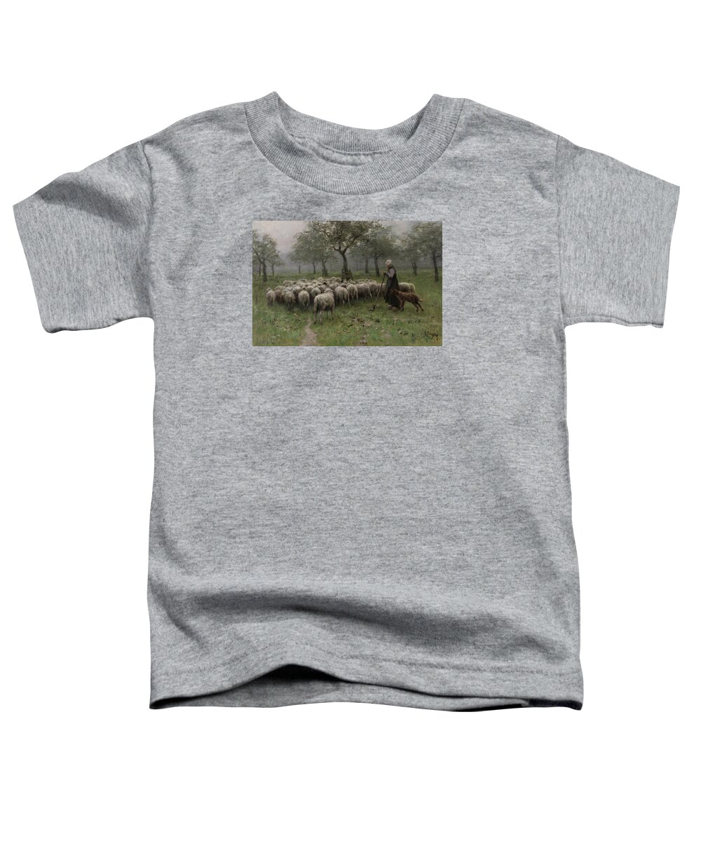 Anton Mauve Toddler T-Shirt featuring the painting Shepherdess with a Flock of Sheep #2 by Anton Mauve