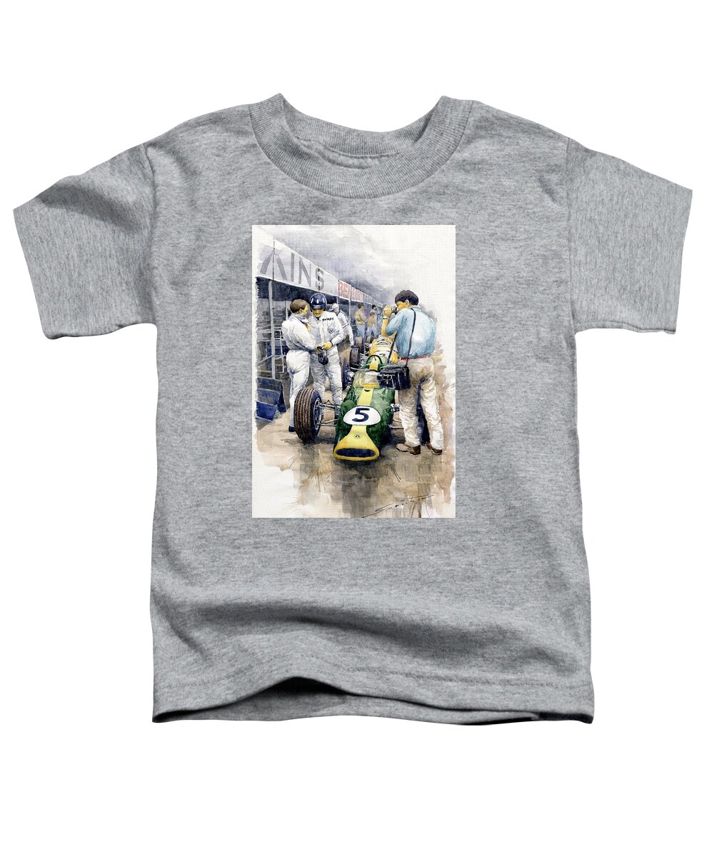 Motorsport Toddler T-Shirt featuring the painting 1967 Lotus 49T Ford Coswoorth Jim Clark Graham Hill by Yuriy Shevchuk