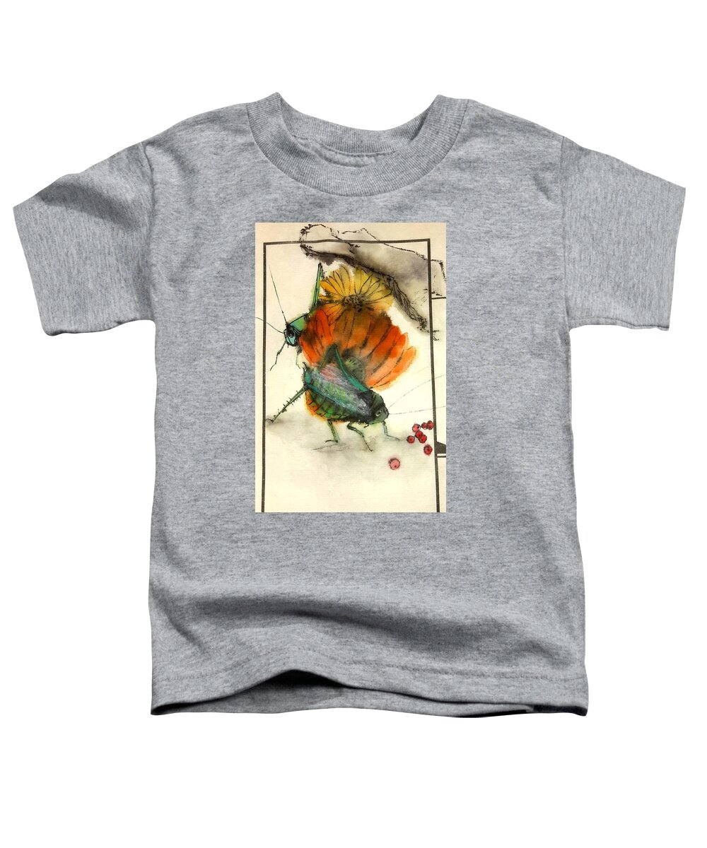 Insects. Cricket.flower. Toddler T-Shirt featuring the painting Bugs and blooms album #2 by Debbi Saccomanno Chan