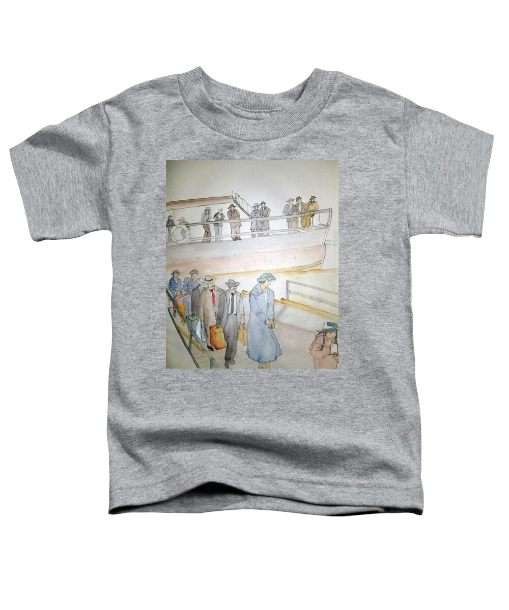 Italian. Immigrants. Arrive. Ellis Island Toddler T-Shirt featuring the painting Italians Ellis island prohibition album #3 by Debbi Saccomanno Chan