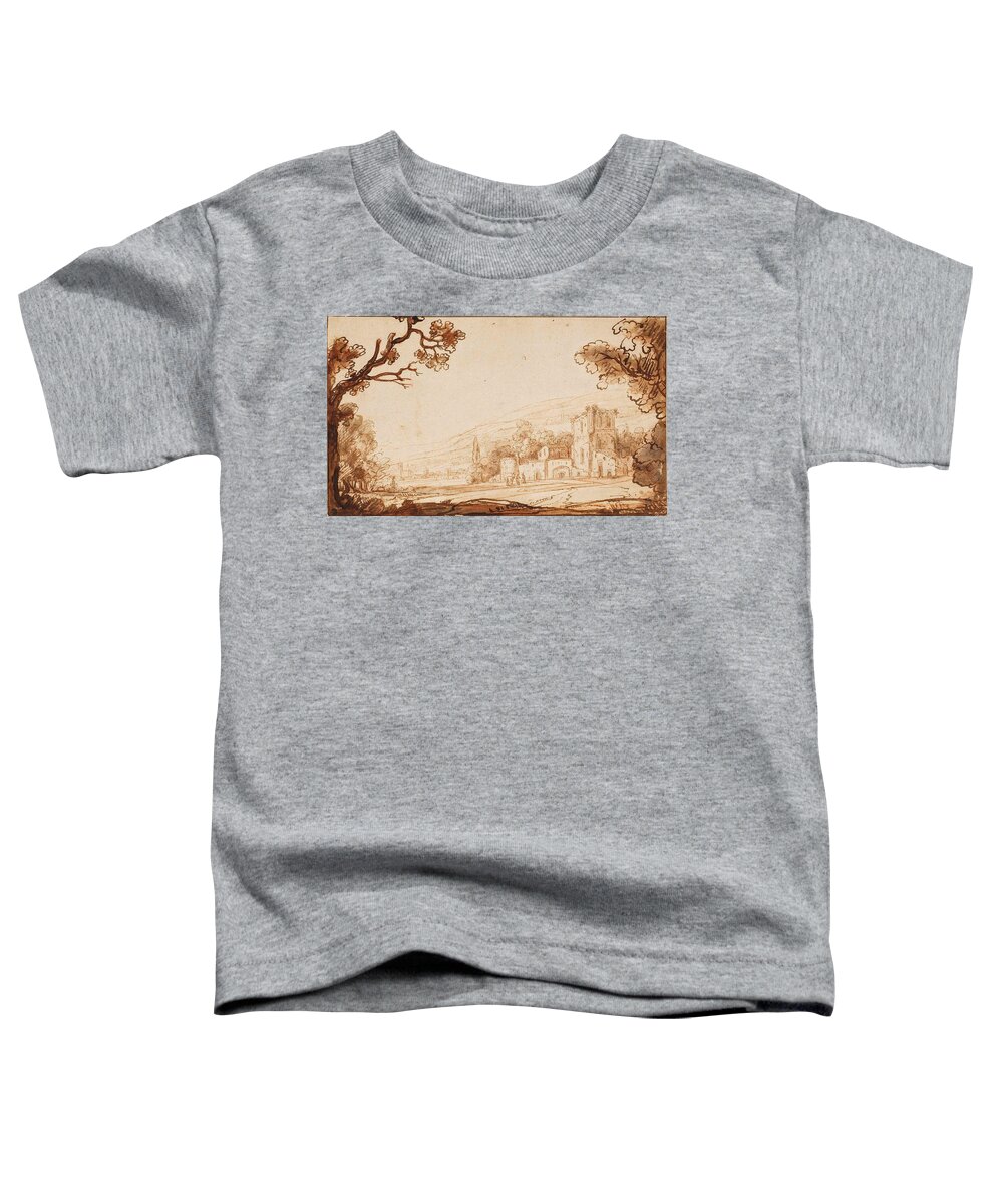 Attributed To Abraham Furnerius Toddler T-Shirt featuring the drawing A hilly landscape with figures approaching a castle by Attributed to Abraham Furnerius