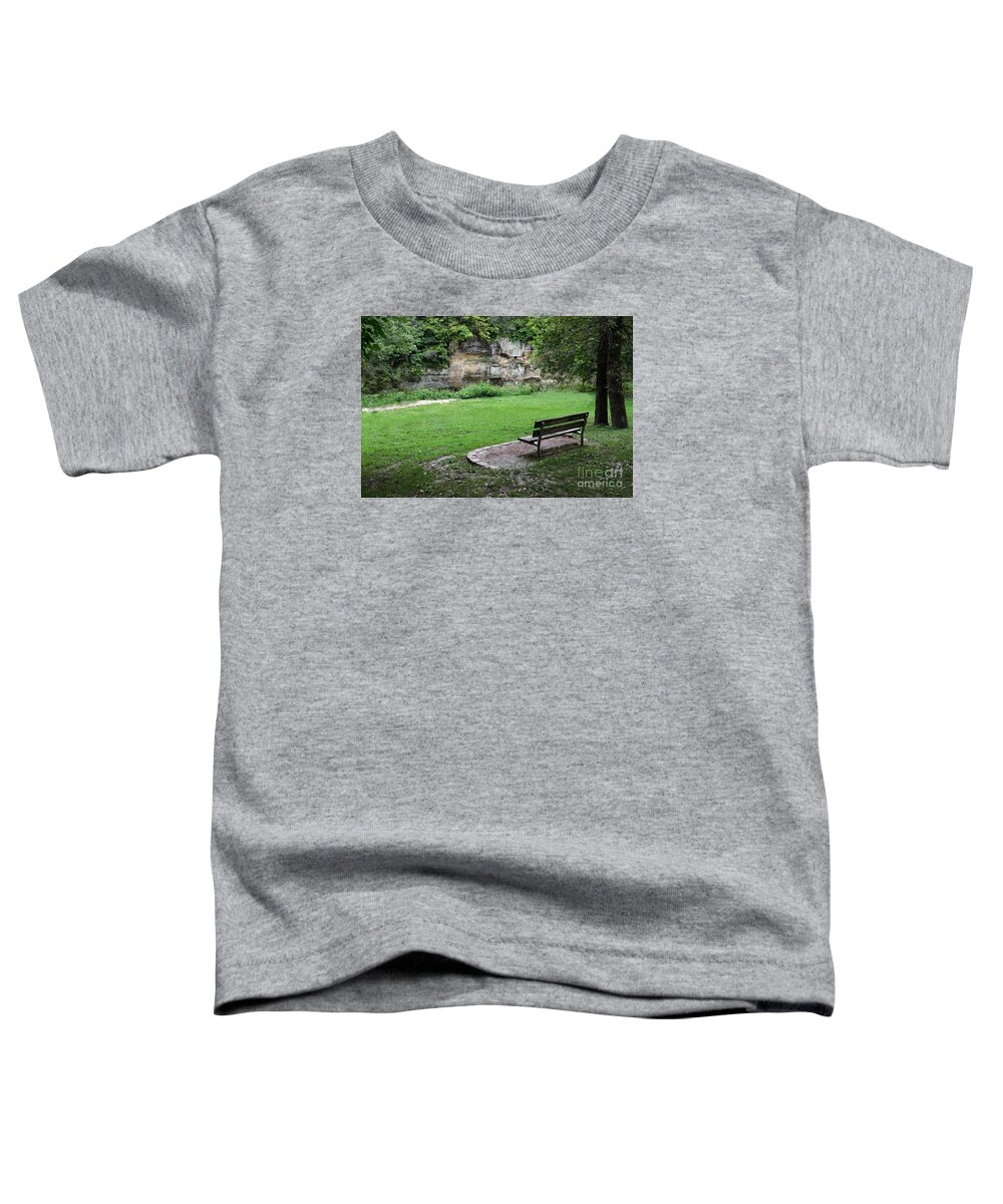 Bench Park Meditate Peace Peaceful Nature Tree Trees Grass Park Rock Rocks Toddler T-Shirt featuring the photograph A Medatative Locale by Ken DePue