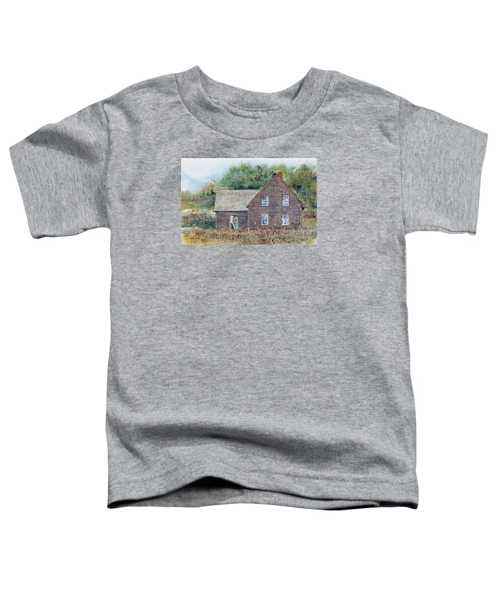 A Farmer Stands In The Doorway Of An Old Weathered House At The Acadian Historical Village Near Caraquet Toddler T-Shirt featuring the painting Acadia House by Monte Toon