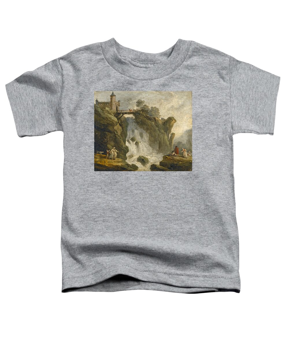 Hubert Robert Toddler T-Shirt featuring the painting An Artist sketching with other Figures beneath a Waterfall by Hubert Robert
