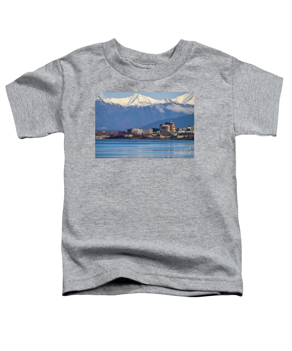 Alaska Toddler T-Shirt featuring the photograph Anchorage Alaska Skyline with Cook Inlet by Kimberly Blom-Roemer