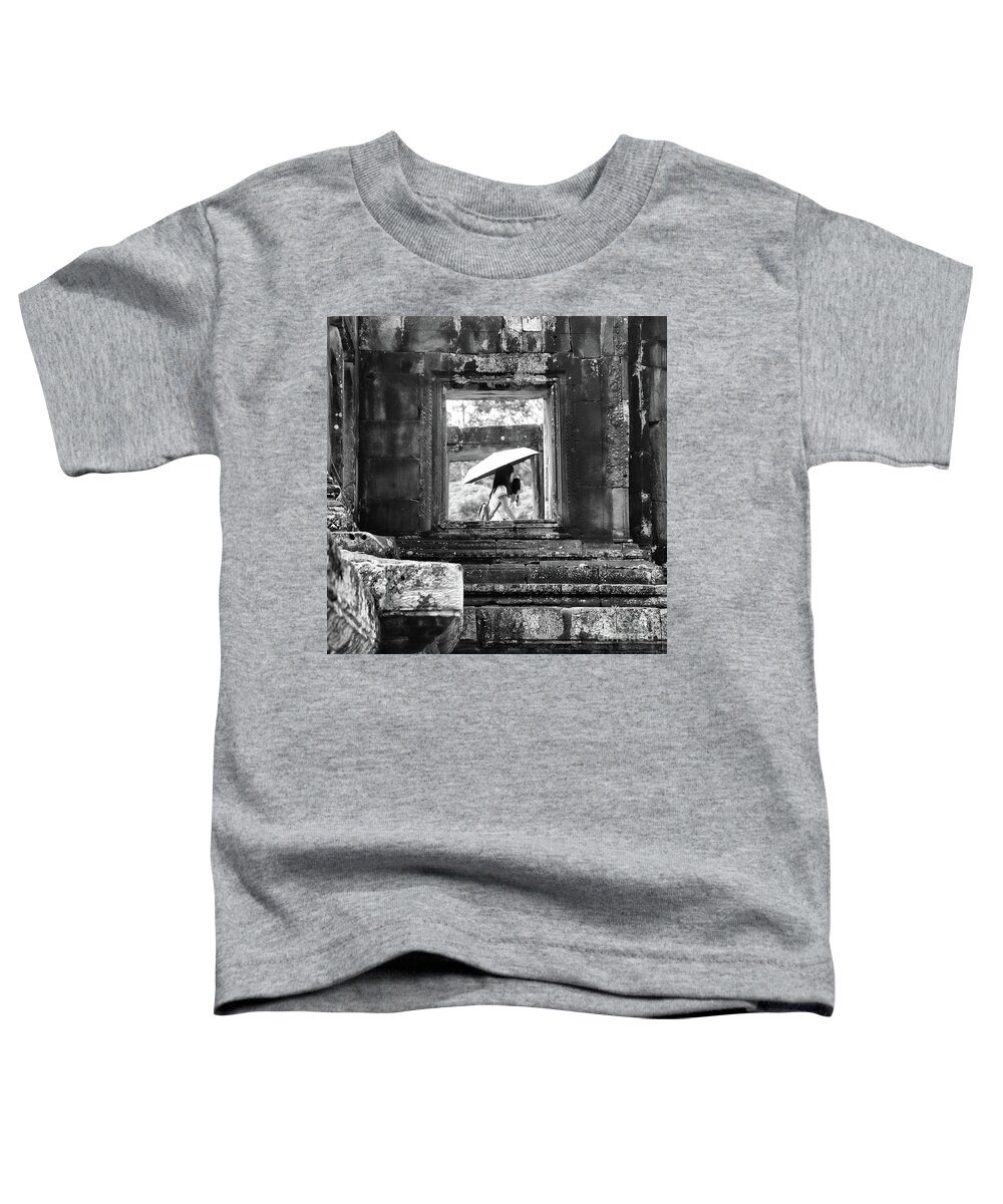 Asia Toddler T-Shirt featuring the photograph Angkor Frame Woman Umbrella BW by Chuck Kuhn