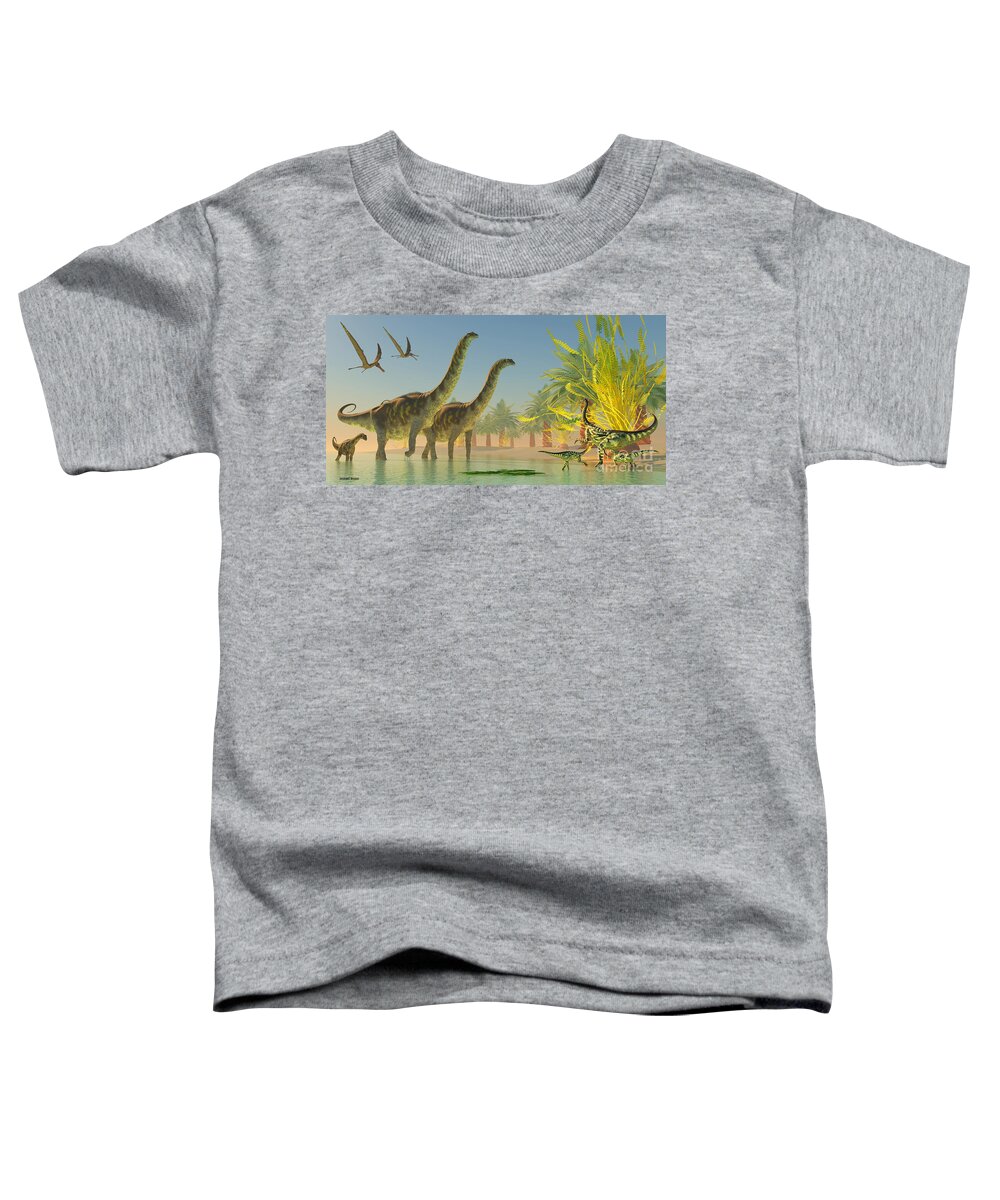 Argentinosaurus Toddler T-Shirt featuring the painting Argentinosaurus in Lake by Corey Ford