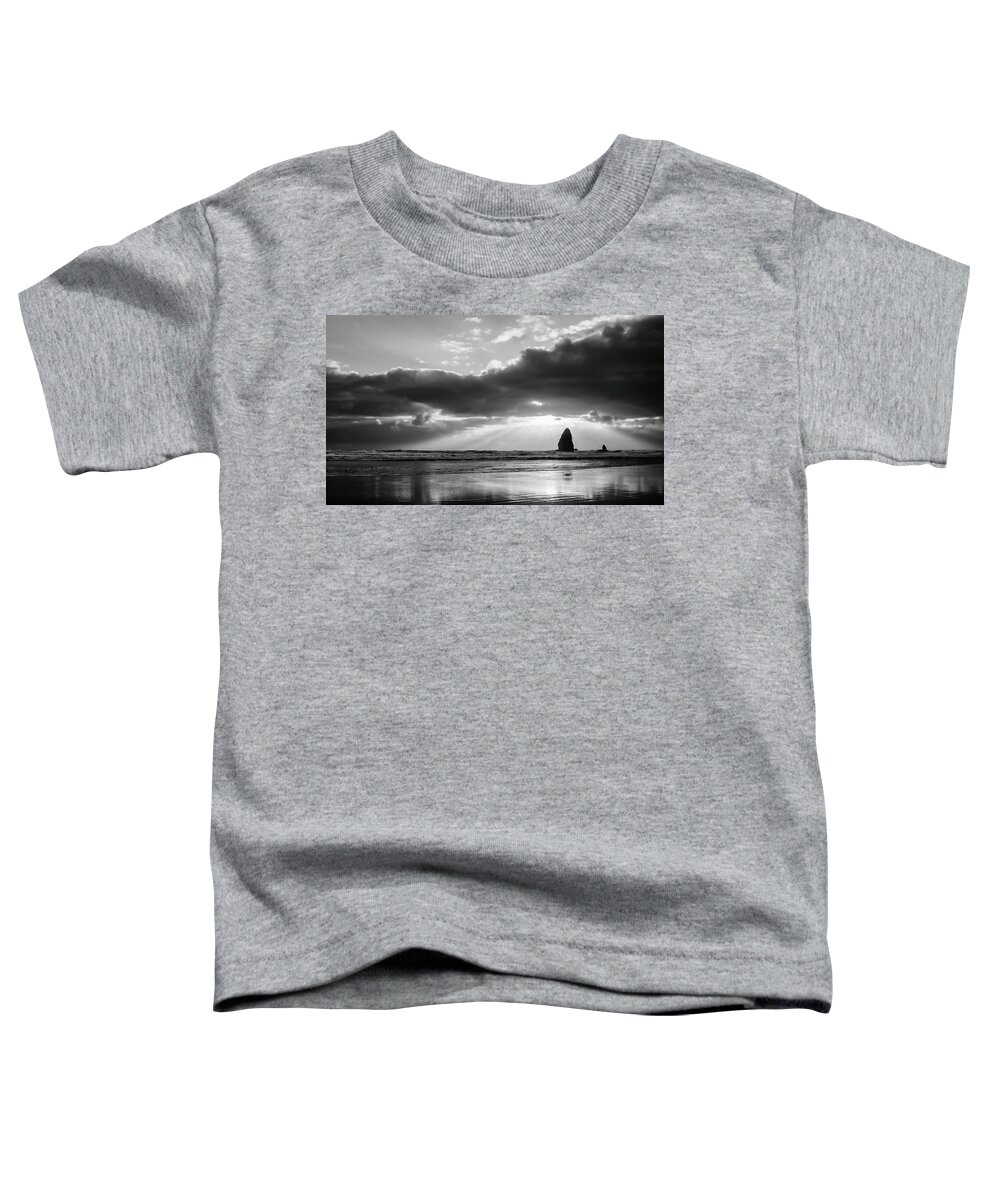 Cannon Beach Toddler T-Shirt featuring the photograph Basking in the Light BW by Don Schwartz