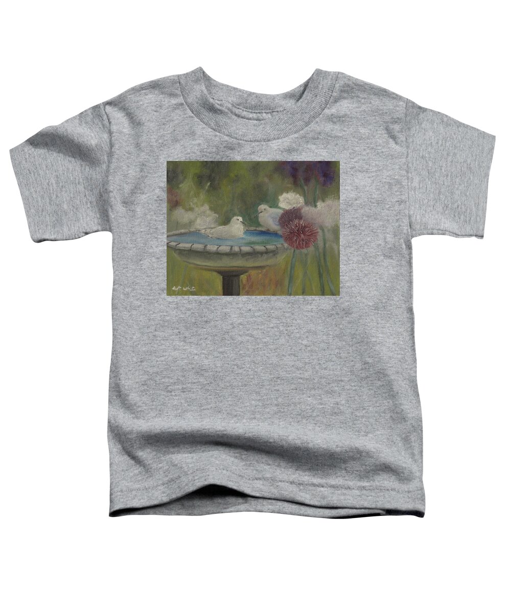 Birds Doves Birdbath Landscape Flowers Water Toddler T-Shirt featuring the painting Bath Time by Scott W White