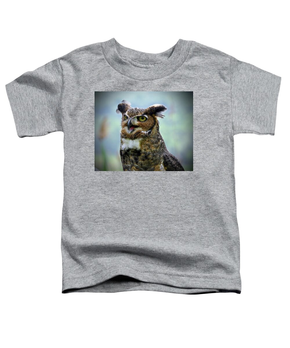 #great Horned Owl Toddler T-Shirt featuring the photograph Baxter by Cornelia DeDona