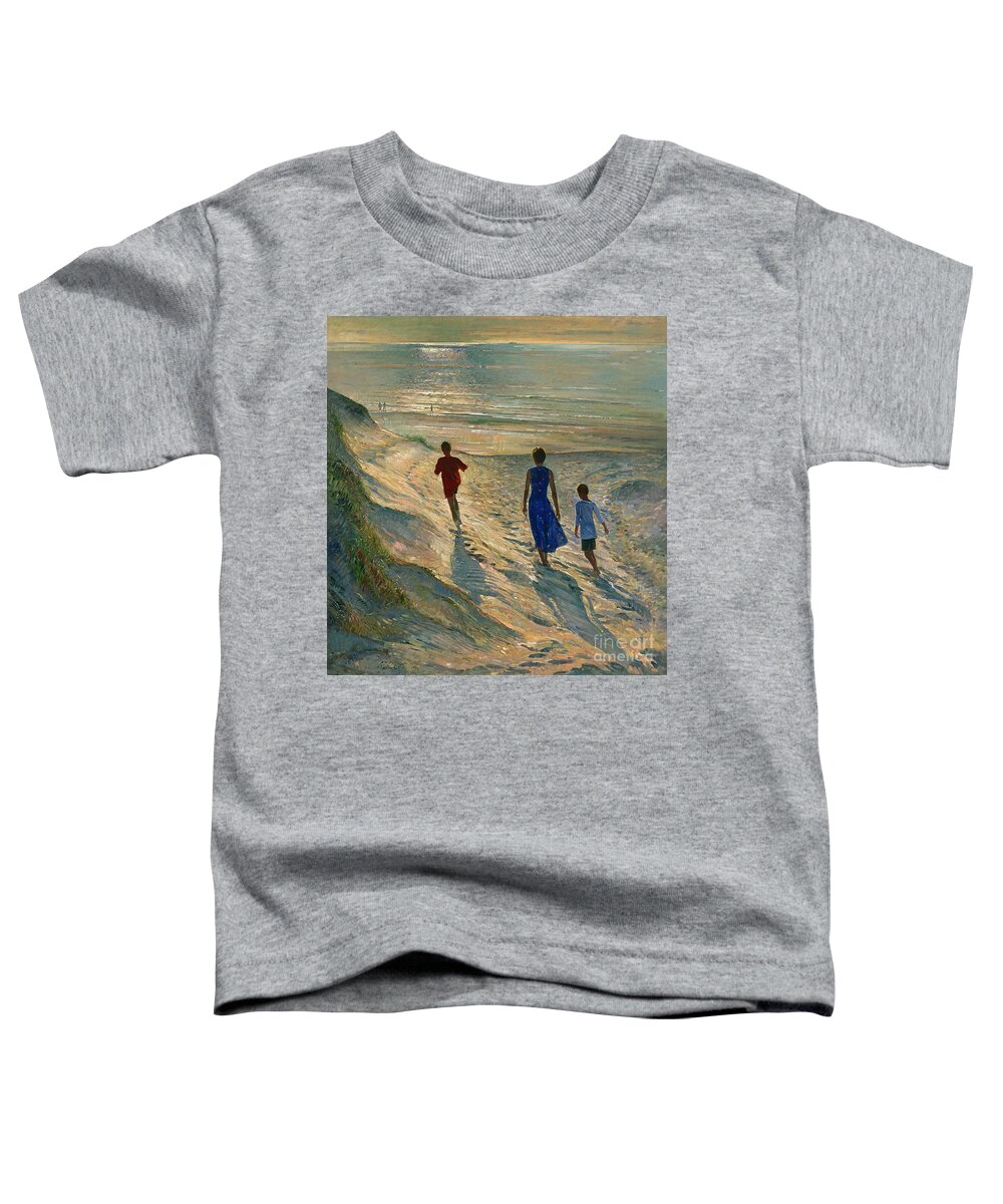 Sea; Sand; Coast; Coastal; Dune; Dunes; Walking; Mother; Sons; Son; Children; Family; Silhouette; Sunset; Sunlight; Nocturne; Reflection; Water; Calm; Footprints; Walking; Stroll; Beach Toddler T-Shirt featuring the painting Beach Walk by Timothy Easton