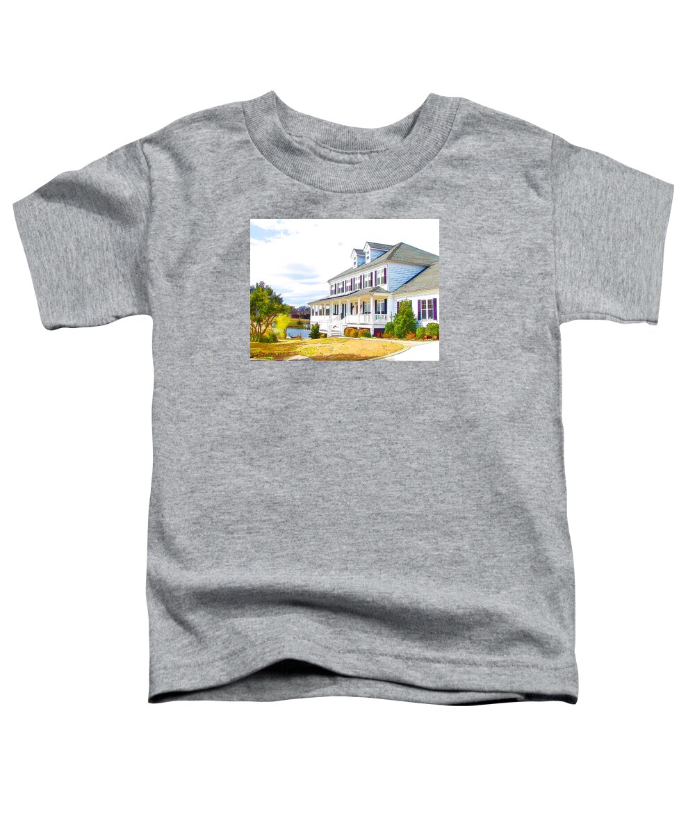 Beautiful Waterfront Home Toddler T-Shirt featuring the painting Beautiful waterfront home 1 by Jeelan Clark