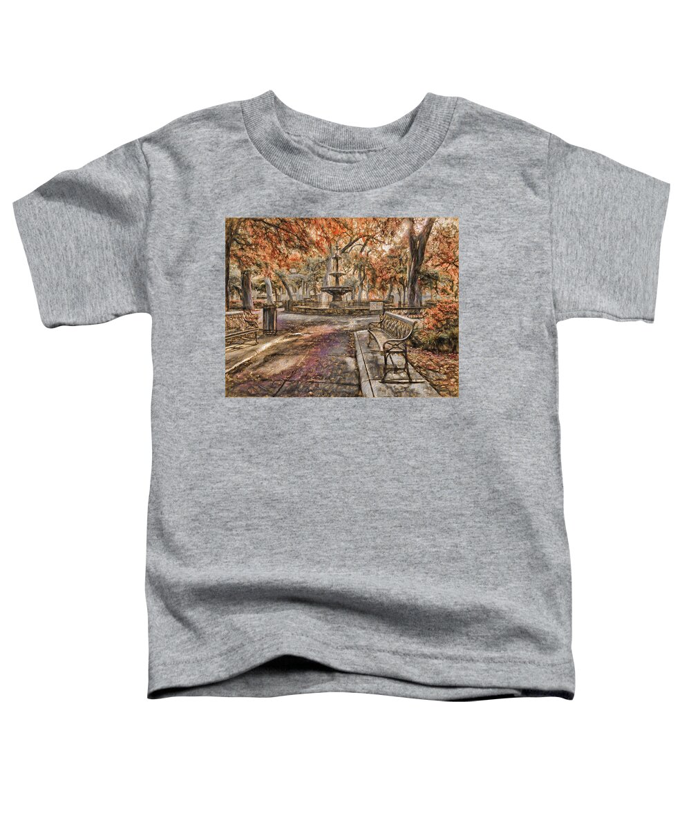 Mobile Toddler T-Shirt featuring the photograph Bienville Fountain and Bench Fall Colors by Michael Thomas