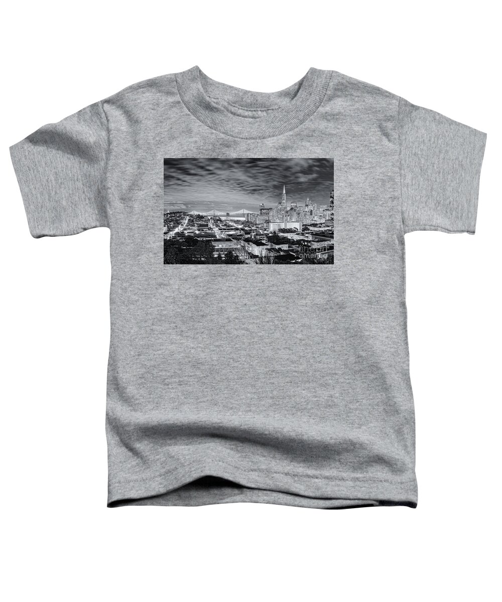Downtown Toddler T-Shirt featuring the photograph Black and White Panorama of San Francisco Skyline and Oakland Bay Bridge from Ina Coolbrith Park by Silvio Ligutti
