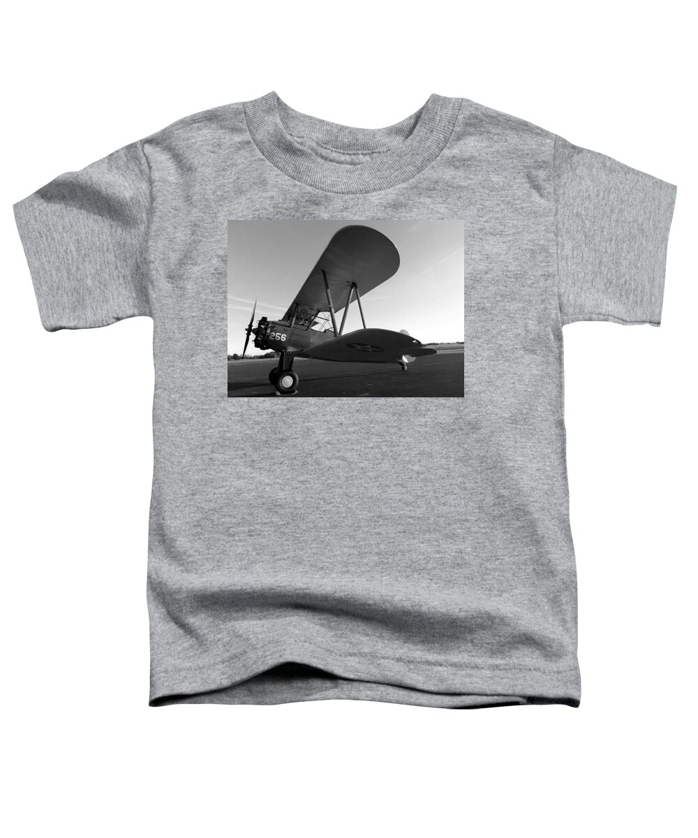 Black And White Toddler T-Shirt featuring the photograph Black and White Preston Aviations Boeing Stearman 001 by Christopher Mercer