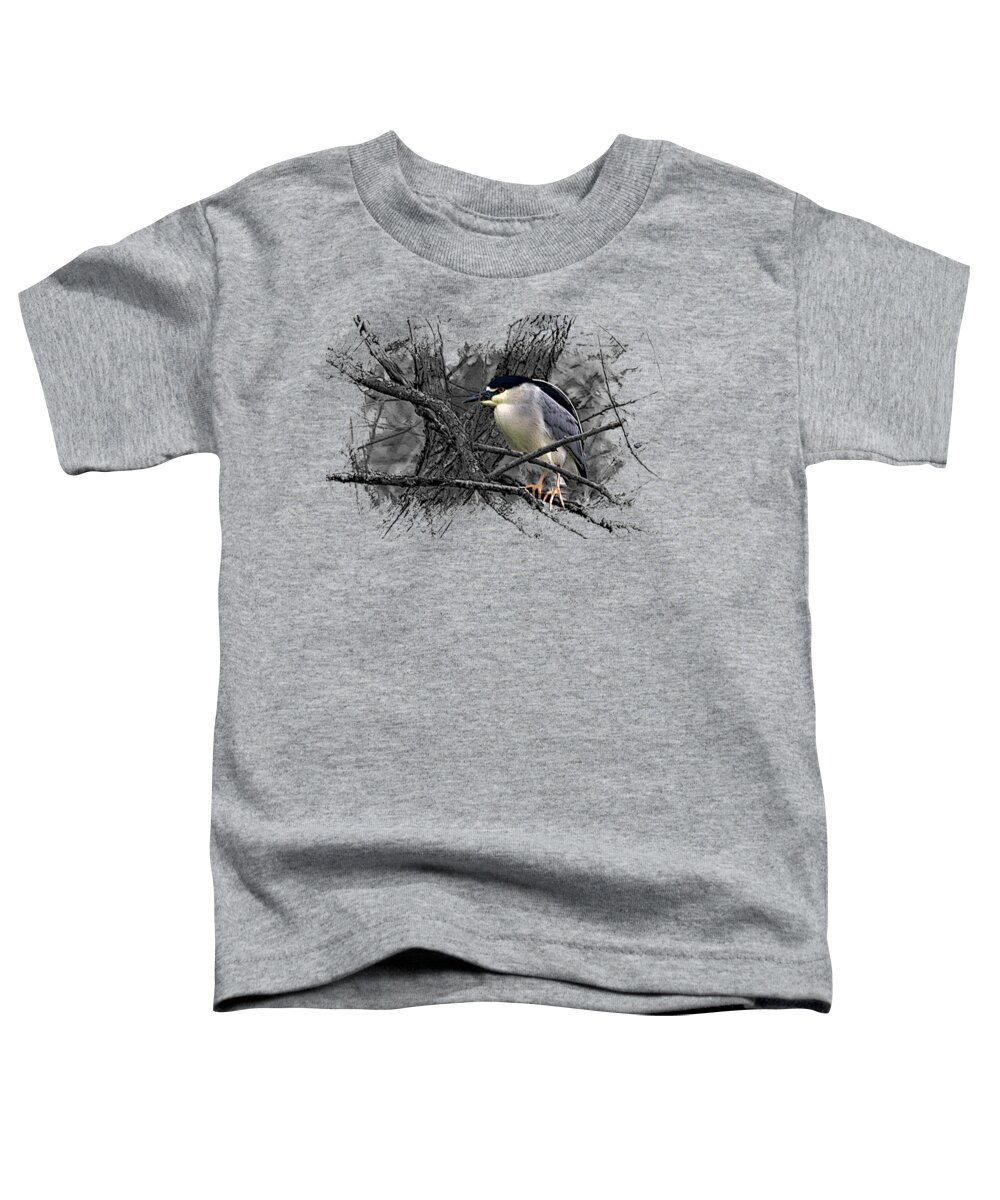 Black Crowned Night Heron Toddler T-Shirt featuring the mixed media Black Crowned Night Heron 001 by DiDesigns Graphics
