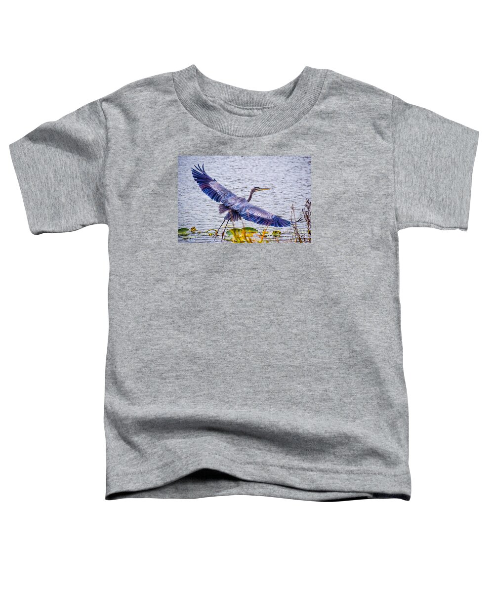 Peggy Franz Photography Toddler T-Shirt featuring the photograph Blue Heron Take Off by Peggy Franz