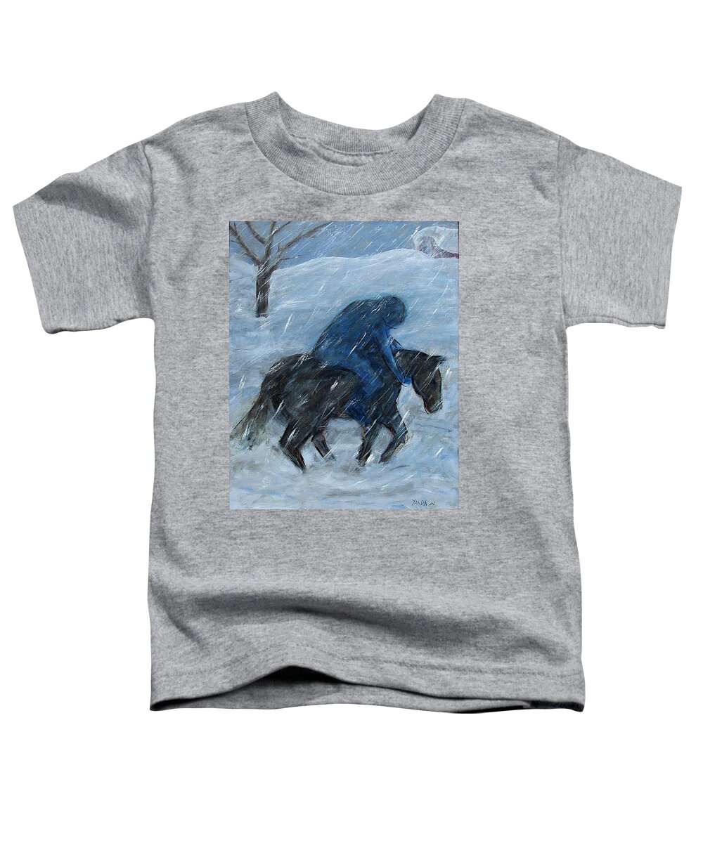 Katt Yanda Original Art Oil Painting Blue Horseback Rider Winter Snow Storm Toddler T-Shirt featuring the painting Blue Rider on Horse by Katt Yanda