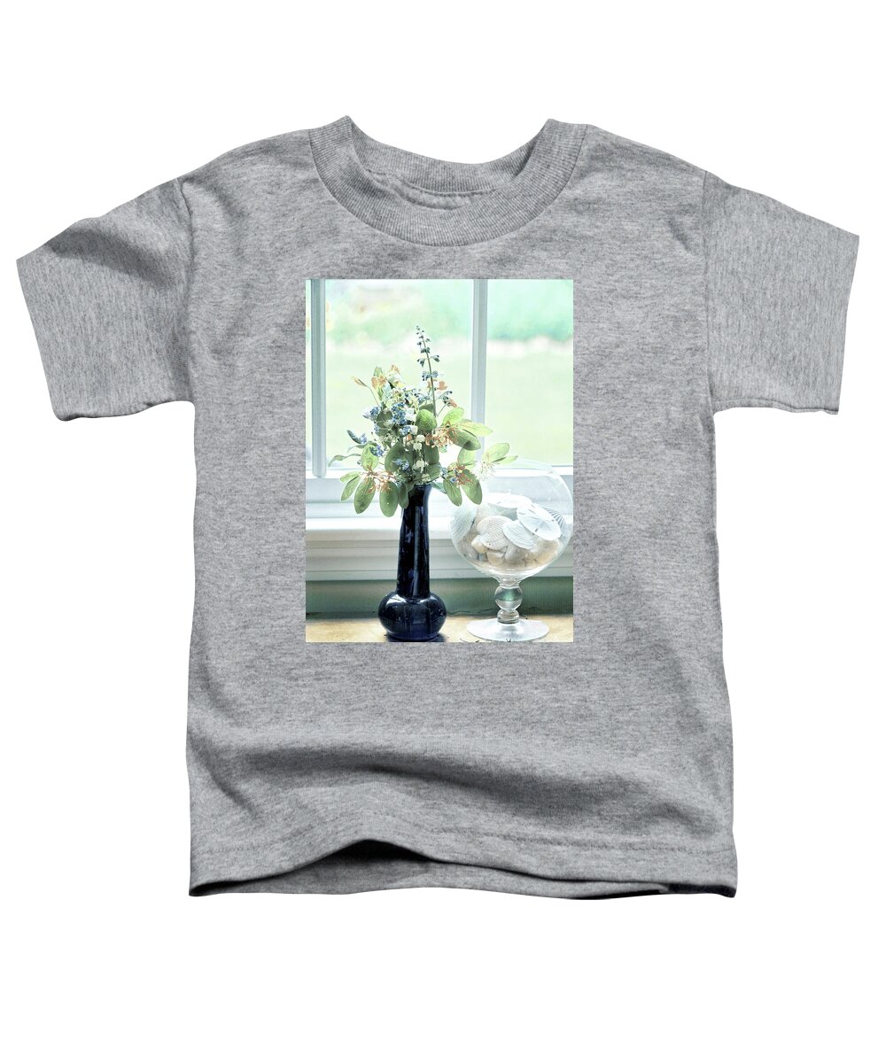 Window Toddler T-Shirt featuring the digital art Blue vase and Shells by Dianne Morgado