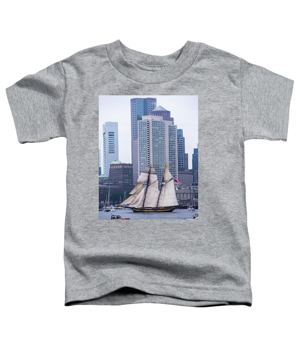Boston Toddler T-Shirt featuring the photograph Boston Tall Ship Beautiful Sails Boston MA Harbor Towers by Toby McGuire