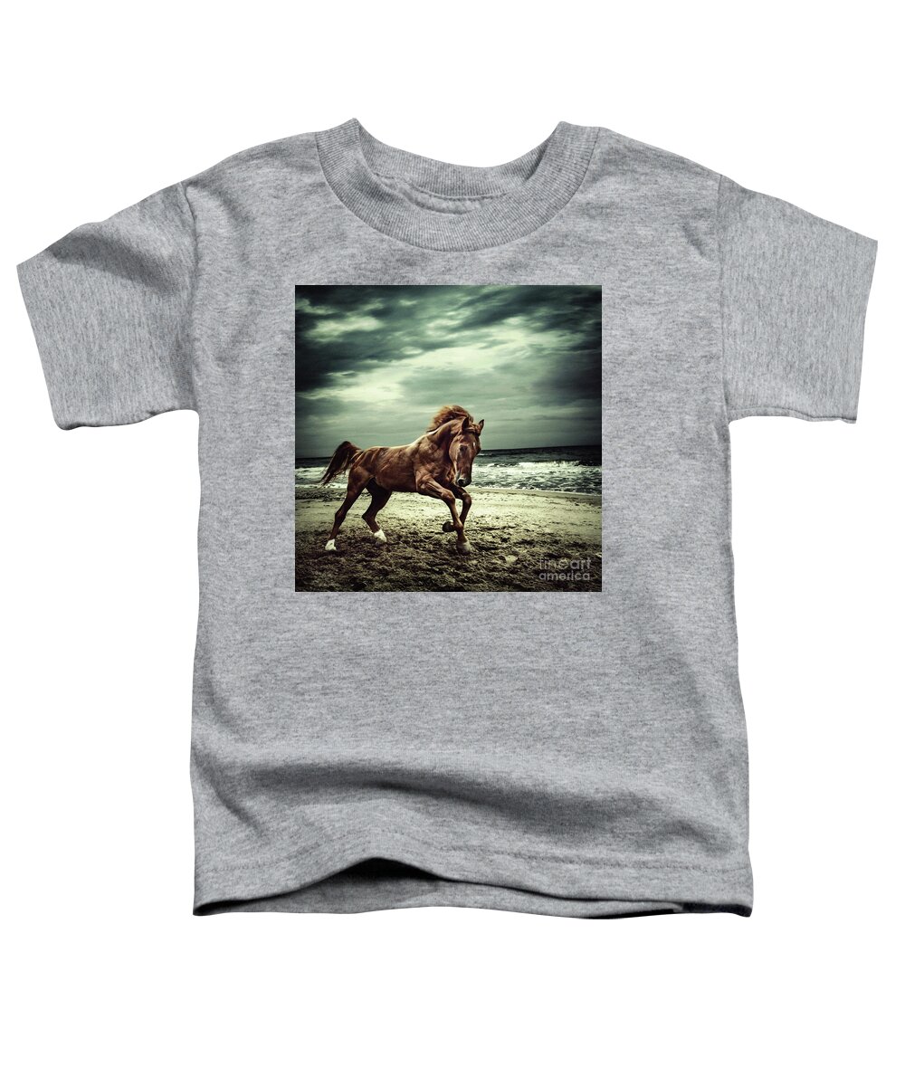 Horse Toddler T-Shirt featuring the photograph Brown horse galloping on the coastline by Dimitar Hristov