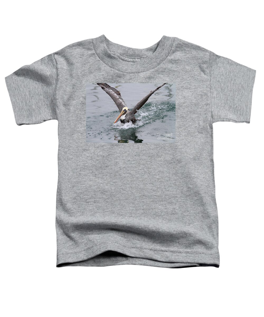 Animal Toddler T-Shirt featuring the photograph Brown Pelican Landing On Water . 7D8372 by Wingsdomain Art and Photography